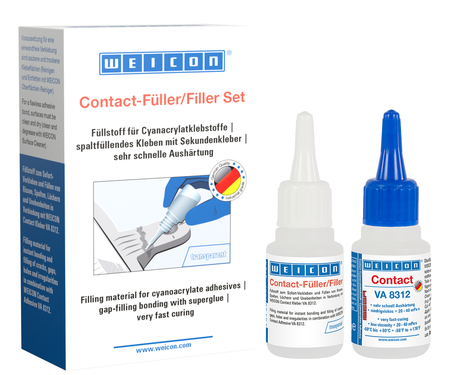 Contact-Füller Set | Set mit einem Cyanacrylatklebstoff und einem Füllstoff zur schnellen Reparatur von Rissen, Spalten usw.